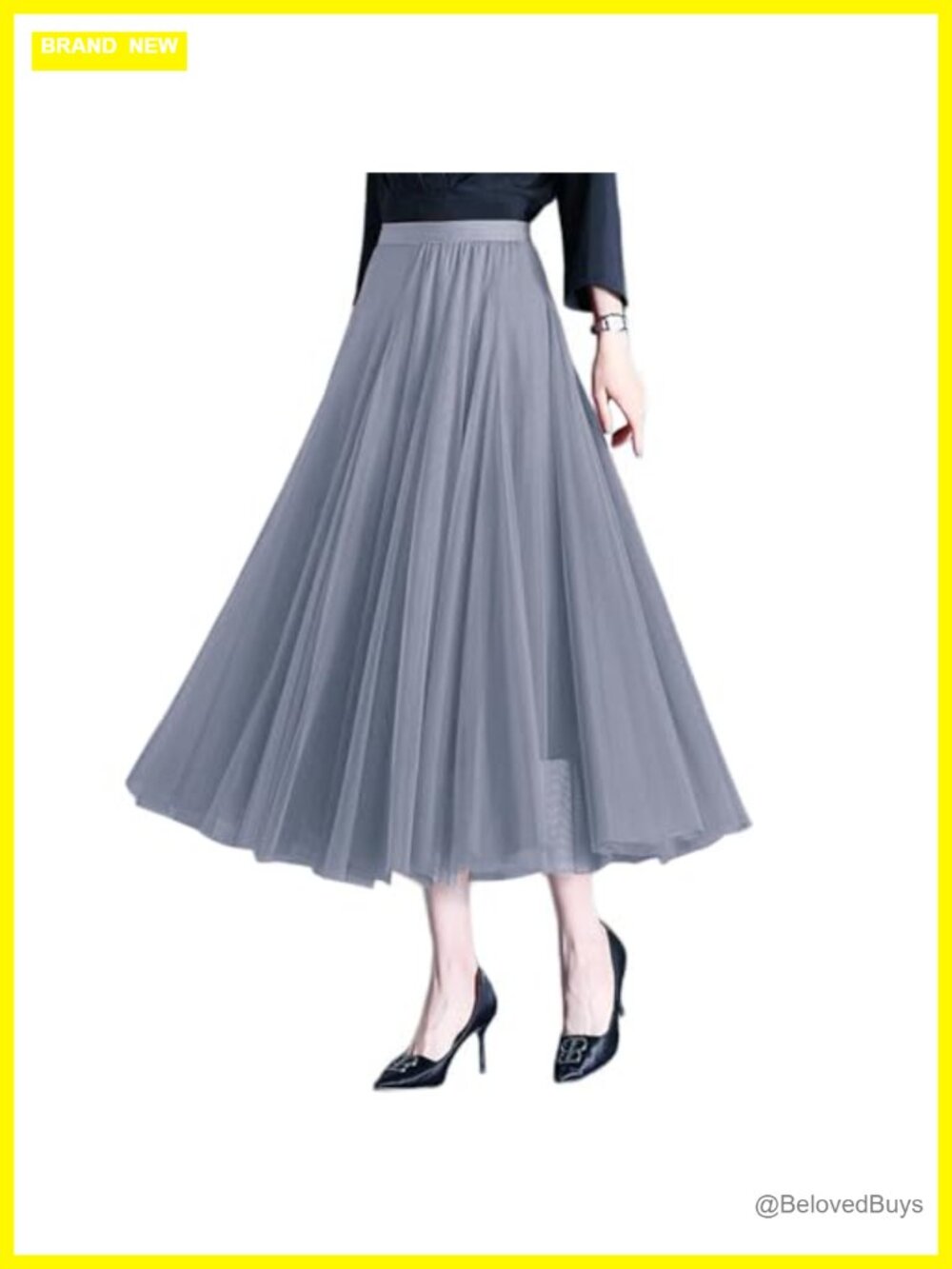 3-Layer Tulle Midi Skirt High Waist A-Line Flowy Maxi Tutu Skirt